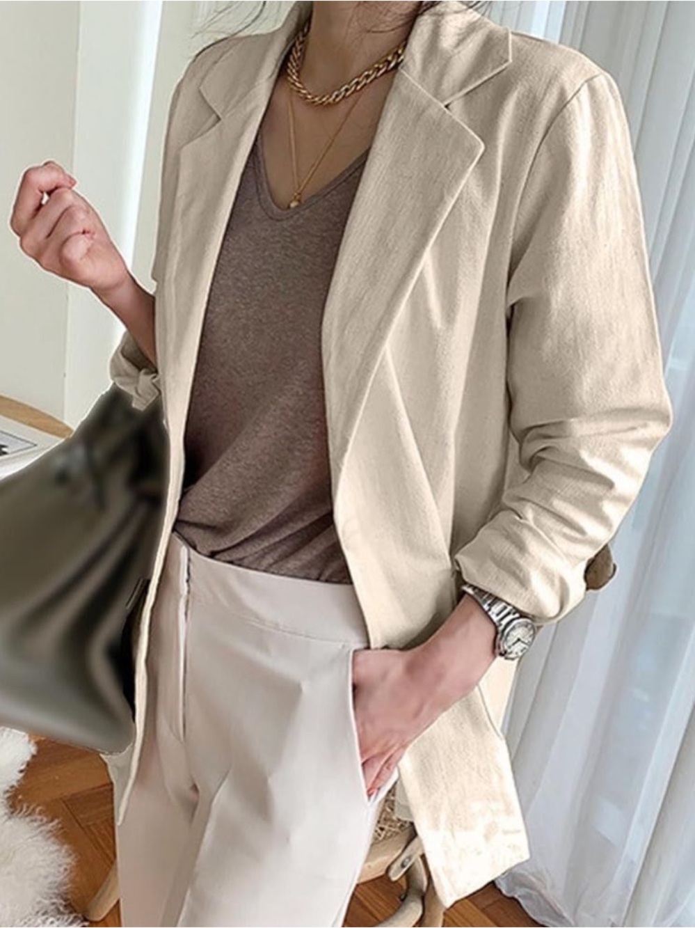 Melrose and Market Women's Cream Linen Blend Blazer Size L Coastal Chic Relaxed